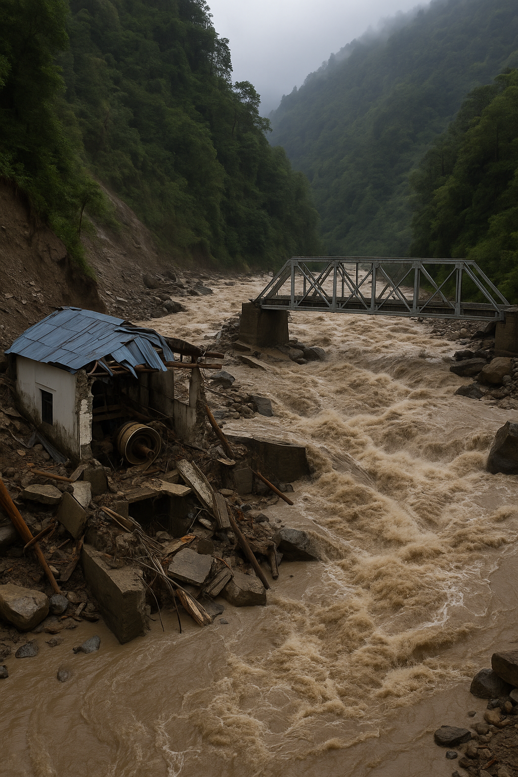 बाढीले उपल्लो कालुङ्खोला जलविद्युत् आयोजना पूर्ण रूपमा ध्वस्त, पावरहाउस र पुल बगायो